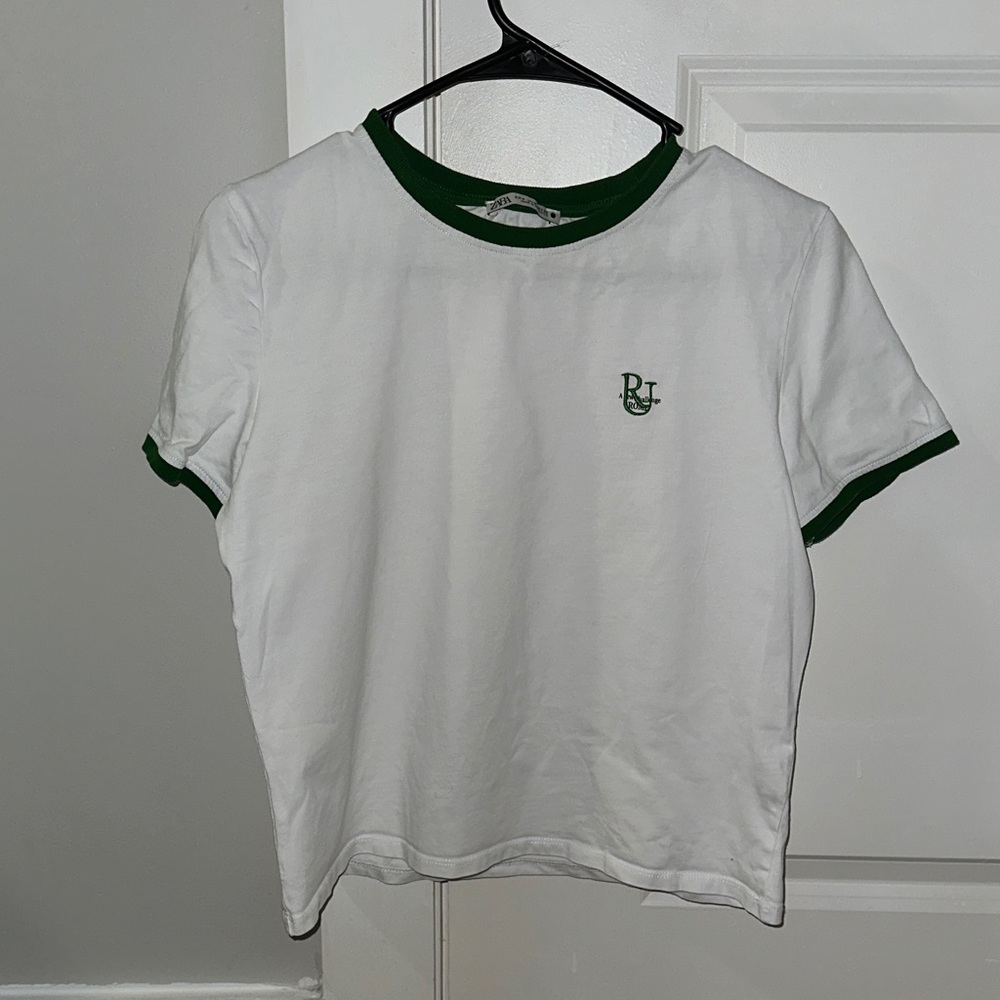 Zara White Tee with Green Accents